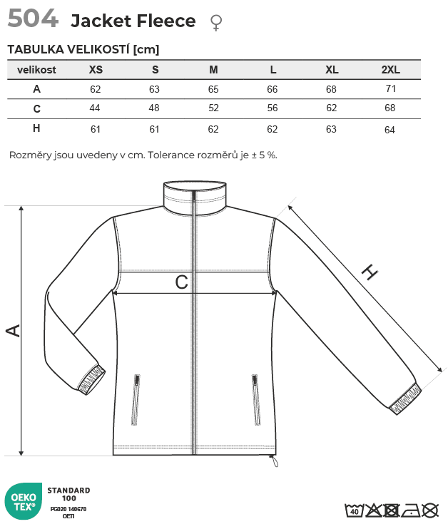 504 Jacket fleece dámský Tabulka velikostí